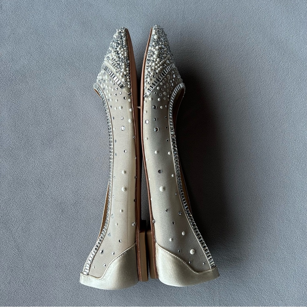 Badgley Mischka ~ Babette ~ Bejeweled Mesh Flat ~ Ivory Satin ~ Womens Size 8 - Picture 4 of 17